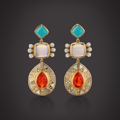 #HARWELL GODFREY #fire opal #turquoise #pearls #mother-of-pearl #round brilliant diamonds #baguette diamonds #opalde de feu #Perle #nacre #diamants