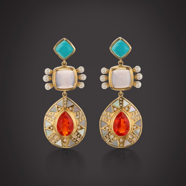 #HARWELL GODFREY #fire opal #turquoise #pearls #mother-of-pearl #round brilliant diamonds #baguette diamonds #opalde de feu #Perle #nacre #diamants