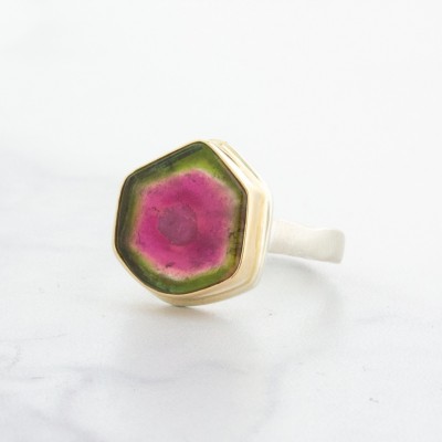 #JAMIE JOSEPH #Sterling & 14K Gold #Watermelon Tourmaline Slice #Ring