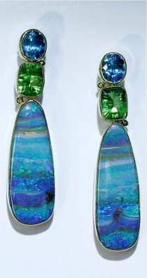 #JENNIFER KALLED #Boulder opal #Sapphire #tourmaline #Earrings #Boucles d'oreilles