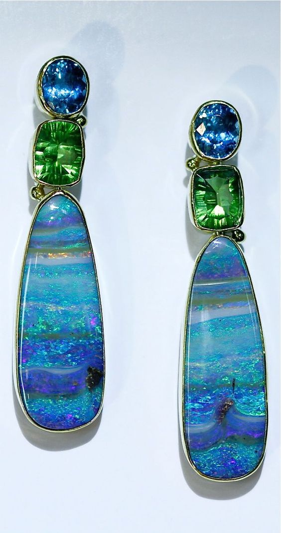 #JENNIFER KALLED #Boulder opal #Sapphire #tourmaline #Earrings #Boucles d'oreilles