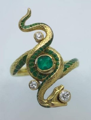 #PAUL BRIANCON #bague Serpent #or #émail #diamants #émeraude #Circa 1900