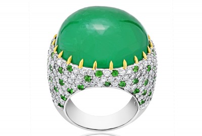 #ALEXANDER-LAUT-#18k-White-Gold-#Ring-#Emerald-cabochon-#tsavorite