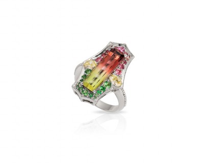 #DEREK KATZENBACH #ring #4K white gold #bicolored tourmaline #tsavorite garnets #tourmalines #diamonds